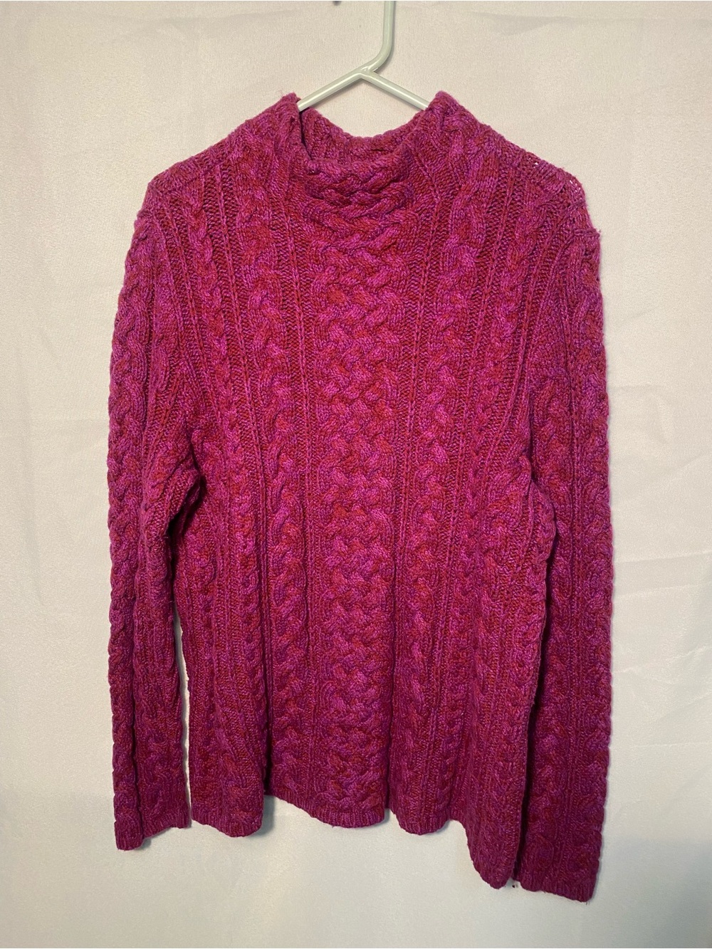 Lands End Cable Knit Mock Neck Sweater - Pink Wool and Cotton